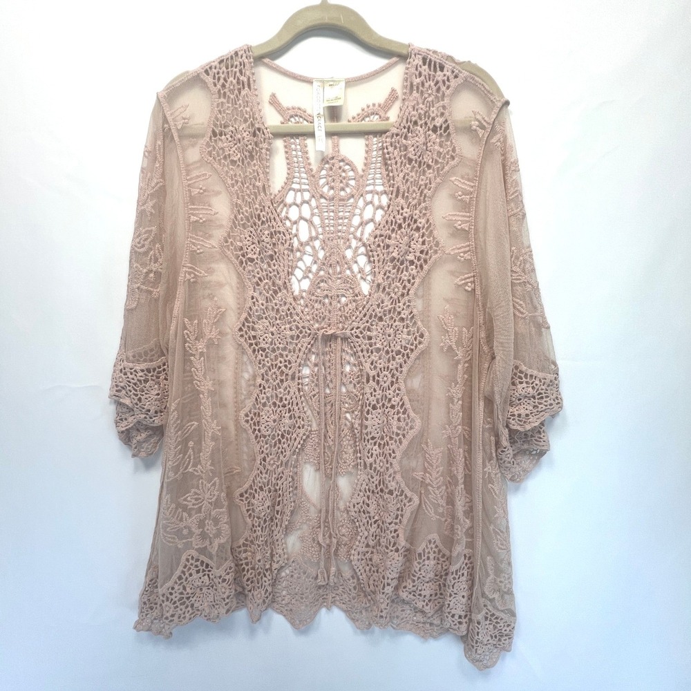 Forgotten Grace Mauve Pink Crochet Lace Mesh Kimono Top 1X Fairy Romantic Boho
